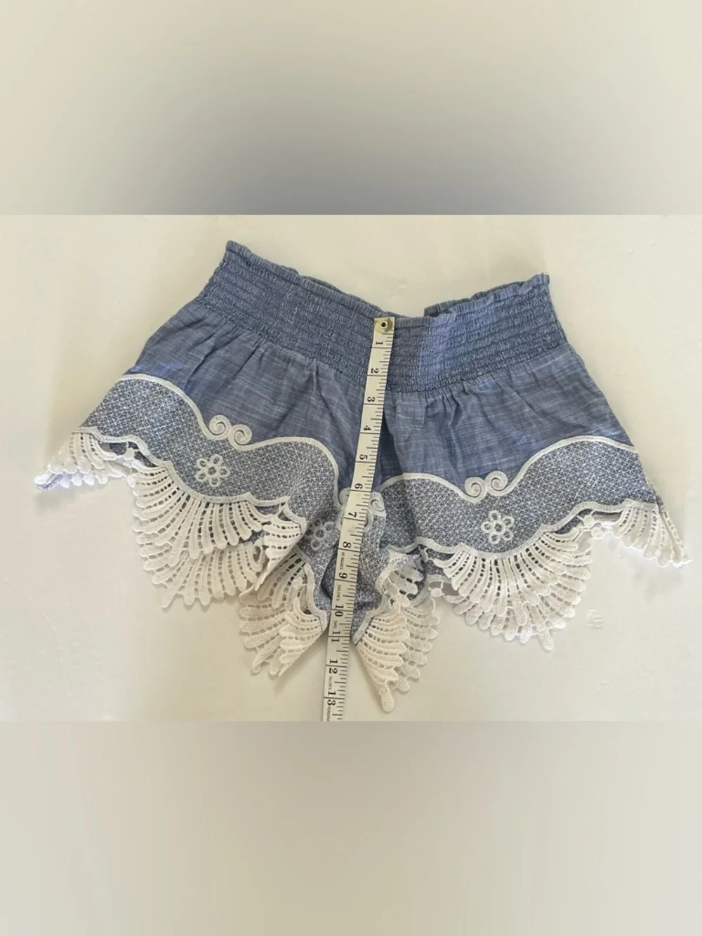Rip Curl High-Waist Chambray Shorts with White Lace Trim